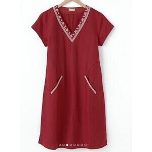 Garnet Hill Linen Embroidered Pocket Detail Dress Red Size 8